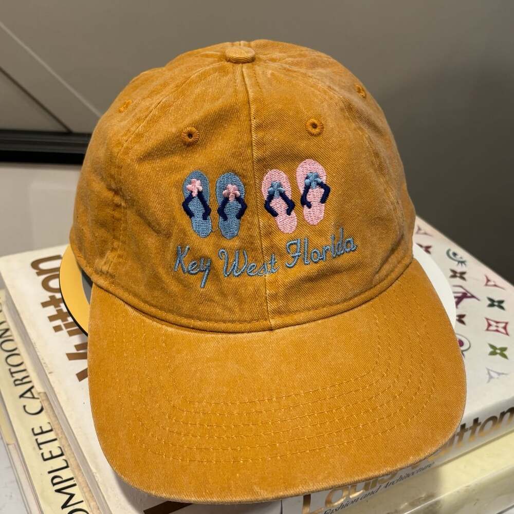 Key West Florida Embroidered Flip Flop Yellow Washed Baseball Cap